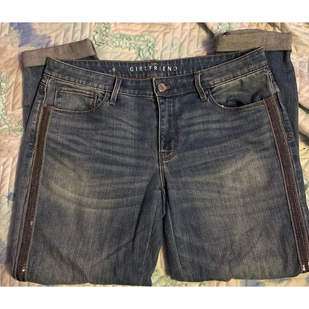 White House Black Market WHBM Sequin Stripe Cuffed & Cropped Girlfriend Jeans, 8